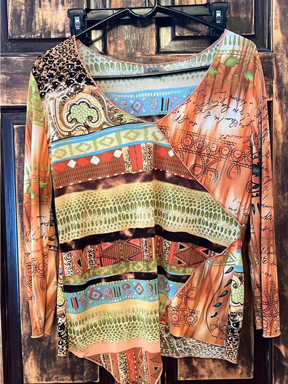 Multi-Pattern V-Neck Long Sleeve Women's Top - Orange/Green